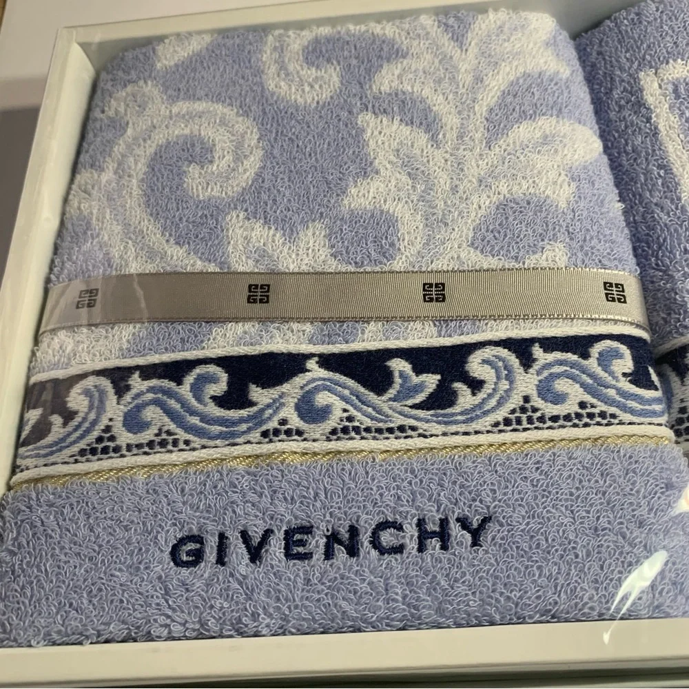 Givenchy Light Blue and White Bath Hand Towels with Elegant Jacquard Design